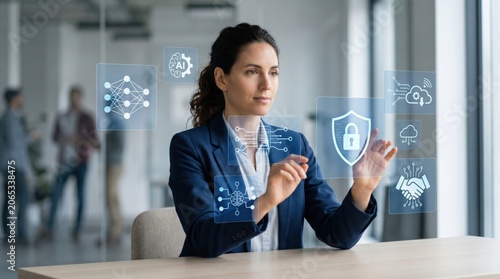 Professional businesswoman interacting with futuristic holographic interface, AI and cybersecurity icons in modern office environment