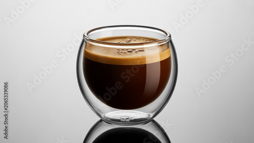 Rich and Aromatic Espresso Coffee in a Double-Walled Glass, Reflecting on a Clean Surface, Capturing the Essence of a Perfect Morning Brew