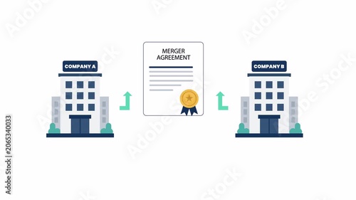 Flat 2D merger agreement contract between companies with legal document and business buildings. Isolated on transparent background with alpha channel.