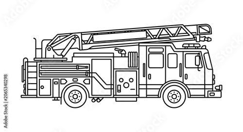 Cuadro en lienzo Fire truck line drawing black and white vector illustration on a white backgroun