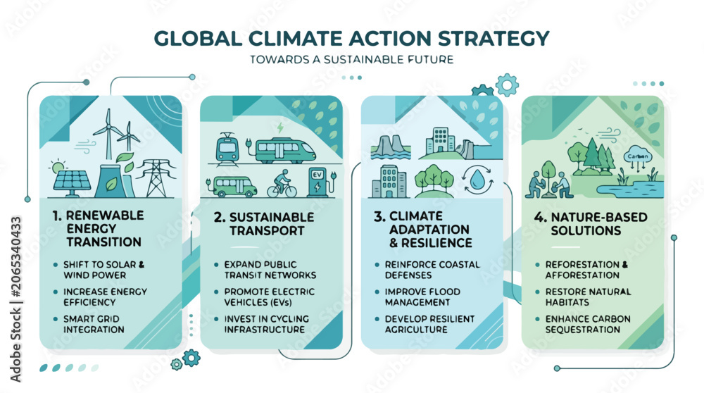Fototapeta premium Global Climate Action Strategy Infographic for Sustainable Future Renewable Energy Transport Adaptation Nature Solutions Detailed Visual Report