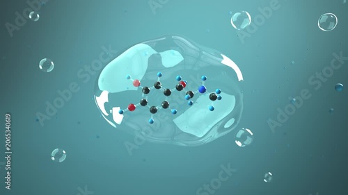 Adrenaline molecule 3D 4k animation in a bubble with liquid environment. ProRes 4444.