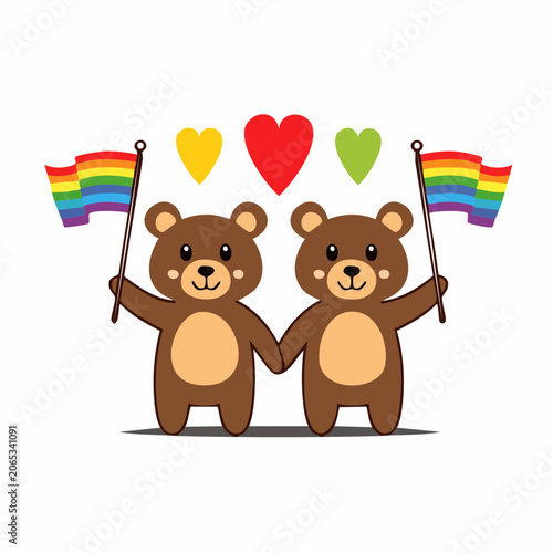 Cute Bears Holding Rainbow Flags and Hearts
