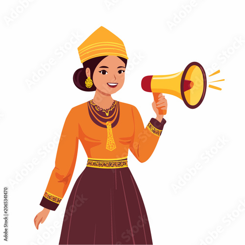 Woman in Traditional Attire with Megaphone