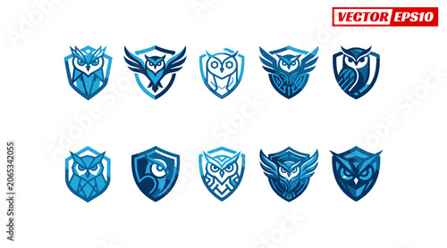 Collection of stylized owl head shield logos in various blue tones 1.