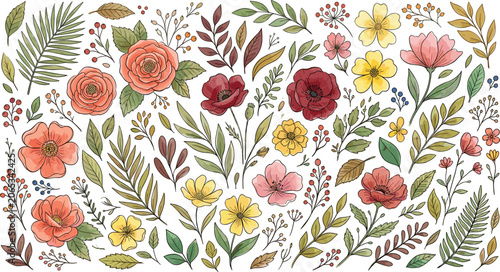 Elegant Watercolor Floral Pattern Set with Roses Poppies Wildflowers Ferns and Green Leaves Vector Illustration Elements for Wedding Invitation Card Designs