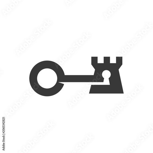 A black key icon with a castle on the right