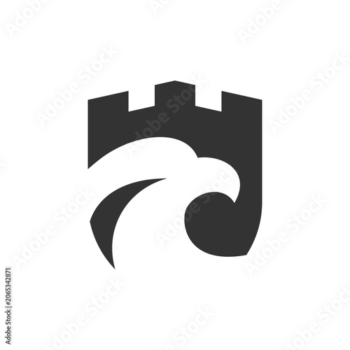 A black silhouette of a castle tower with a eagle design