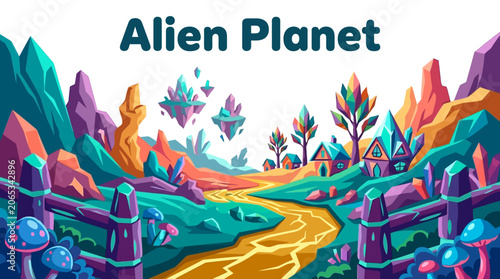 distant alien world displaying enormous crystal formations, unusual terrain structures and an exotic extraterrestrial environment. The scene represents science fiction concepts, planetary exploration