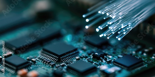 Close-up of Fiber Optic Strands and Integrated Circuits on a Motherboard.