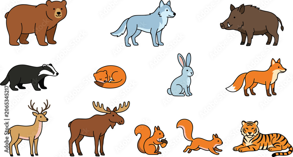 Obraz premium Cute Woodland and Forest Animals Vector Cartoon Character Set Including Bear Wolf Fox Deer and Tiger Isolated on White Background