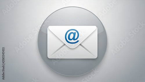 Email icon featuring a white envelope with a blue at symbol on a glossy gray circular background