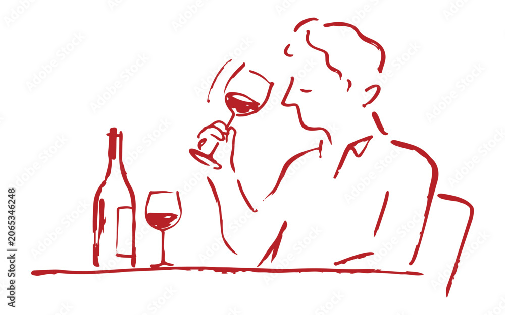Obraz premium hand drawn rough sketch doodle of man testing wine. Wine tasting, leisure and connoisseur concept