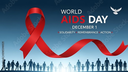 World AIDS Day Poster with Red Ribbon Dove and People Silhouette