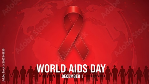 World AIDS Day December 1 banner with red awareness ribbon and people holding hands over a global map.