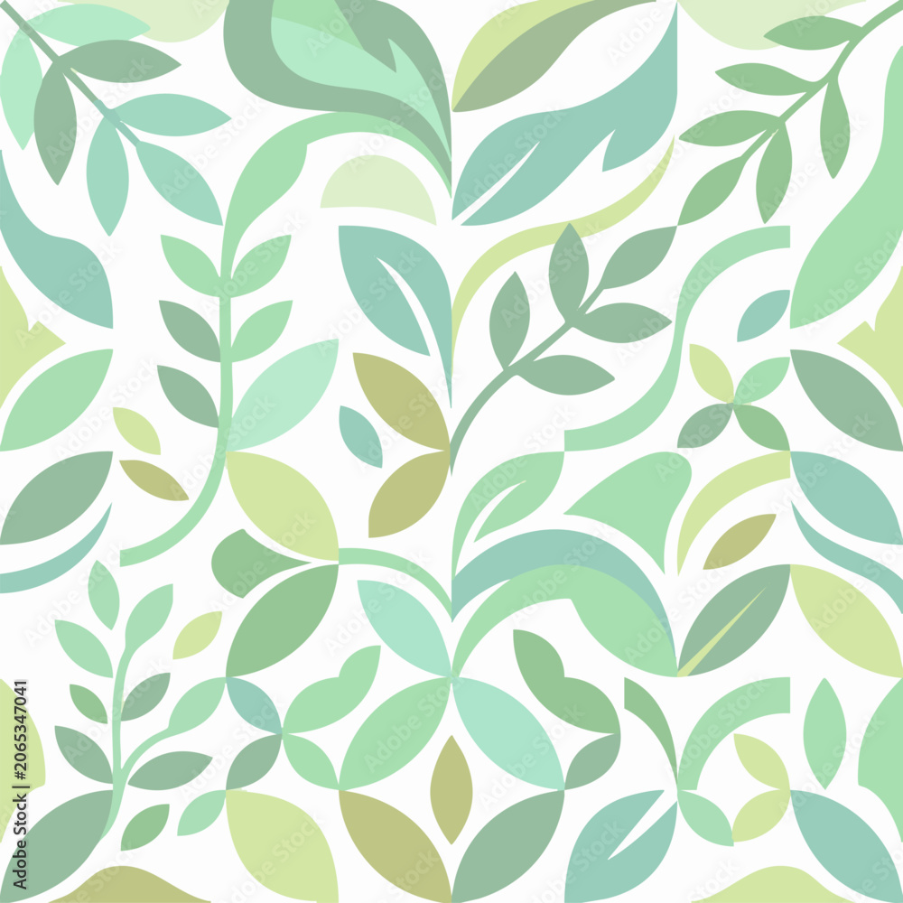 Fototapeta premium Seamless green leaf pattern background with abstract botanical design in flat style