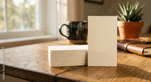 Minimal blank business cards on a wooden table in warm morning sunlight.