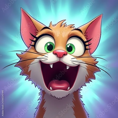A cartoon cat with a surprised and excited expression on its face