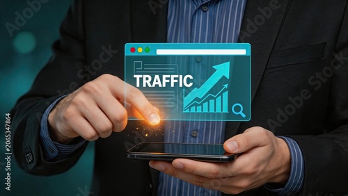 Businessman using smartphone with holographic traffic analytics display, website visitor increase graph, digital marketing strategy, SEO optimization tool