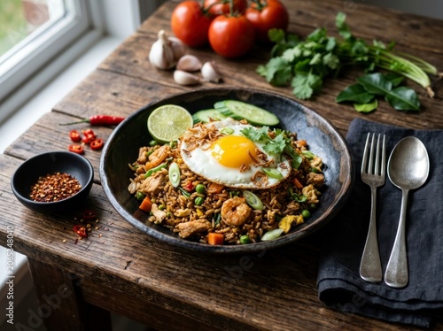 Fried rice with shrimp and fried egg in bowl, rustic wooden table.