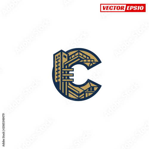 Abstract C letter logo with building and construction elements.