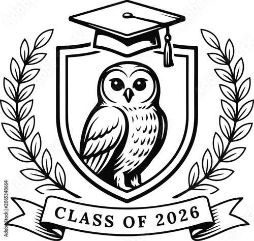 Wise owl crest with graduation cap and laurel wreath for class of 2026 emblem