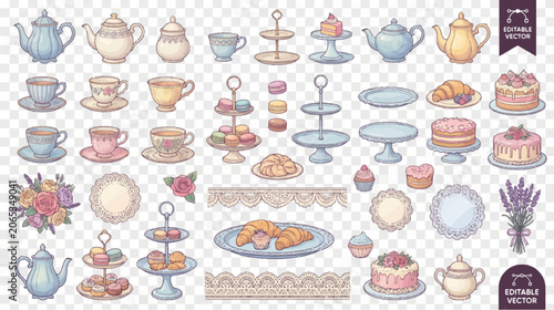 Foto Teapots and desserts showcase a vintage afternoon tea theme with decorative porcelain items that provide elegant visual elements for catering or hospitality