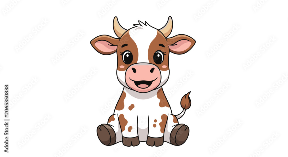 Fototapeta premium Cute brown and white spotted calf sitting and smiling with a friendly expression on its face in a cheerful farm animal illustration for children.