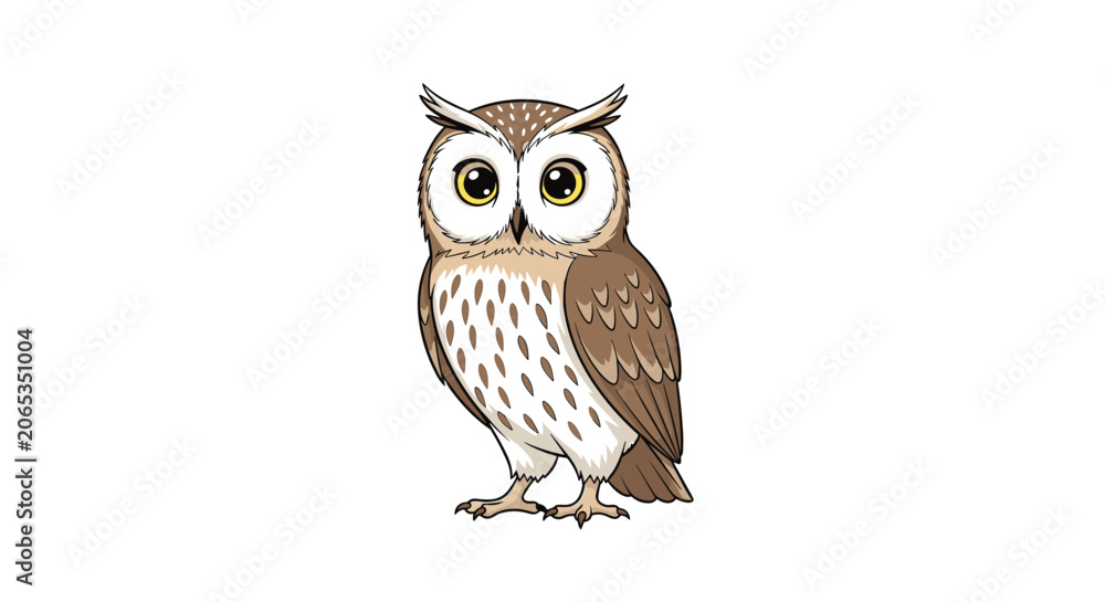 Obraz premium Detailed illustration of a wise owl standing upright with big yellow eyes and patterned feathers in a majestic and nocturnal wildlife portrait.
