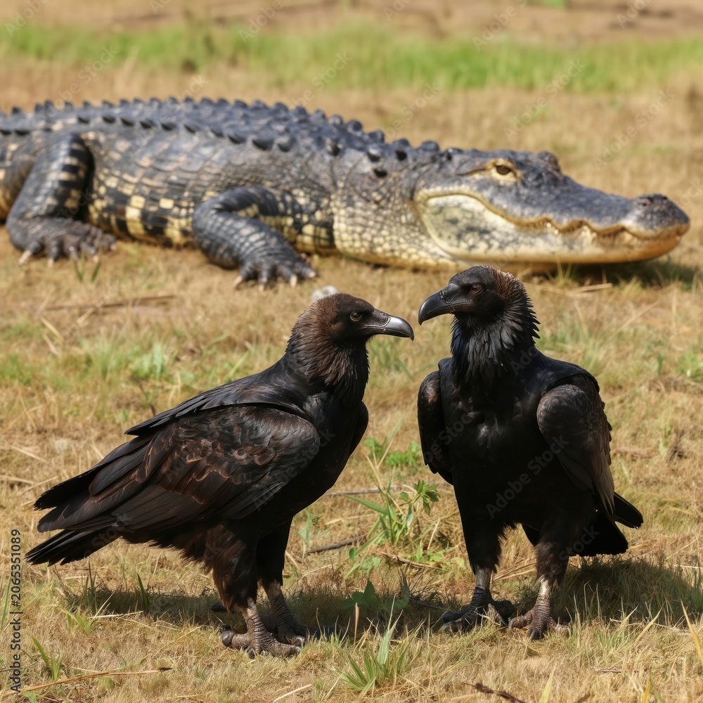Fototapeta premium Two dark birds stand on dry grass in front of a large alligator on a sunny day. The birds seem to be observing the reptile closely, creating a scene of potential danger and wildlife interaction.