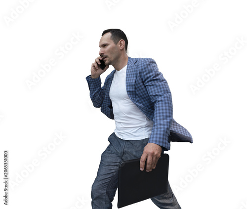 businessman in a suit walks down the street and talks on the phone, a successful stylish businessman, isolated object on transparent background, png