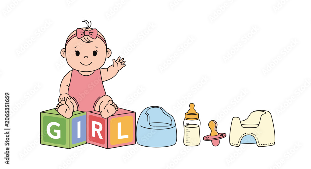 Fototapeta premium Cute baby girl sitting on colorful blocks that spell out girl with a potty, bottle, and pacifier arranged next to her.