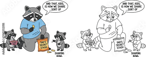 Tableau sur toile Humorous Raccoon Dad Teaching Sharing with His Secret Stash to Kids