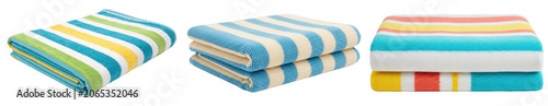 Konstfotografi Three folded beach towels with colorful stripes, isolated on white background