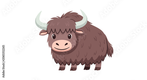 Friendly brown yak with long shaggy fur and large curved horns stands calmly in a simple animal cartoon illustration for kids.