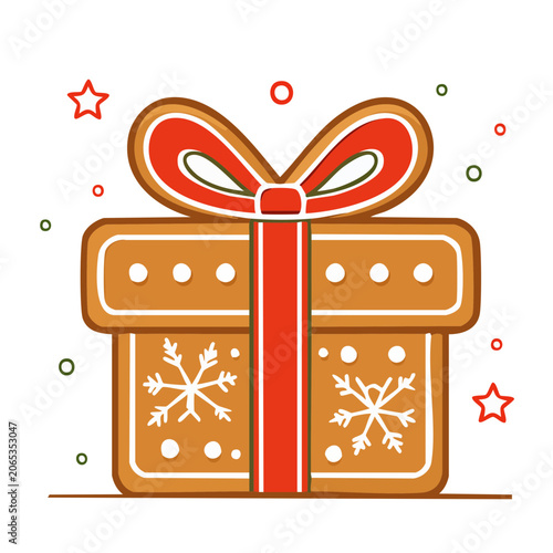 Gingerbread gift box with red ribbon and snowflakes