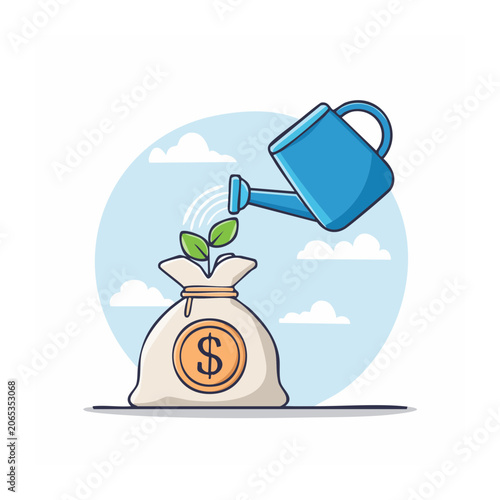 Money bag with growing plant and watering can illustration
