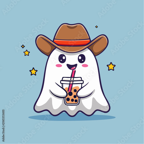 Cute Ghost Cowboy Drinking Boba Tea