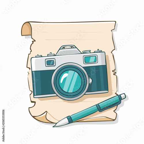 Vintage Camera and Pen on Scroll