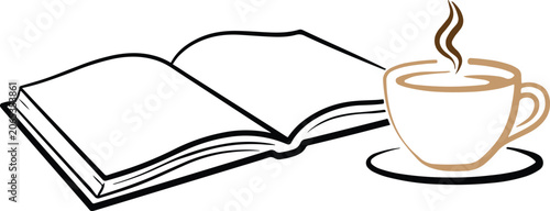 Vector illustration of steaming cup of coffee and open book