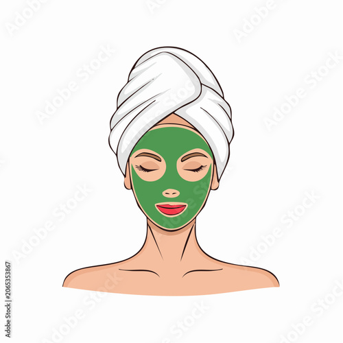 Woman with Green Face Mask and Towel on Head