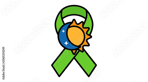Illustration of a green awareness ribbon with a stylized sun and planet on a white background.