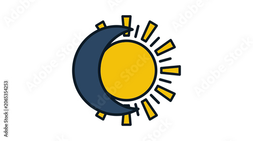 Graphic illustration of a sun and crescent moon symbol with yellow and blue colors on a white background.