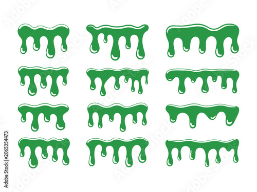 Set of twelve green slime drip with rounded liquid droplets and glossy highlights