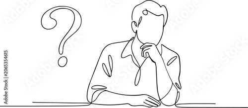 Continuous line drawing of a man with a question mark thinking