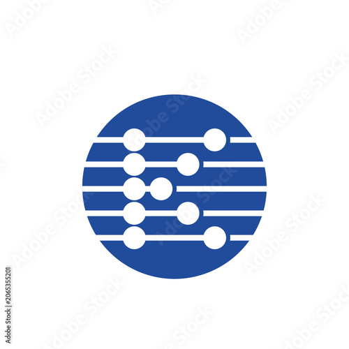 A blue circle with white circuit board lines and dots