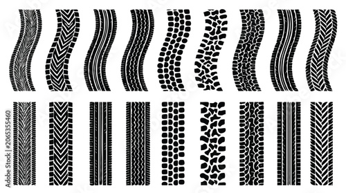 Tire tread patterns vector set with straight and winding black track marks.