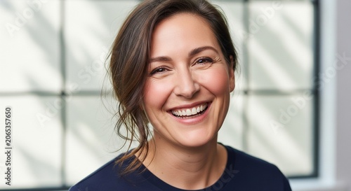A cheerful portrait of a mid-adult woman with dark hair smiling warmly at the camera. She is indoors with a blurred window pane grid in the background, appearing relaxed