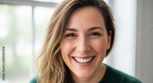 A close-up portrait of a happy, laughing mid-adult woman with blonde hair looking directly at the camera near a window. She has a bright, beautiful smile and lines around her eyes showing joyful 