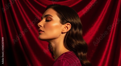 Side profile portrait of a beautiful woman with wavy hair and closed eyes against a luxurious dark red silk curtain background with warm lighting